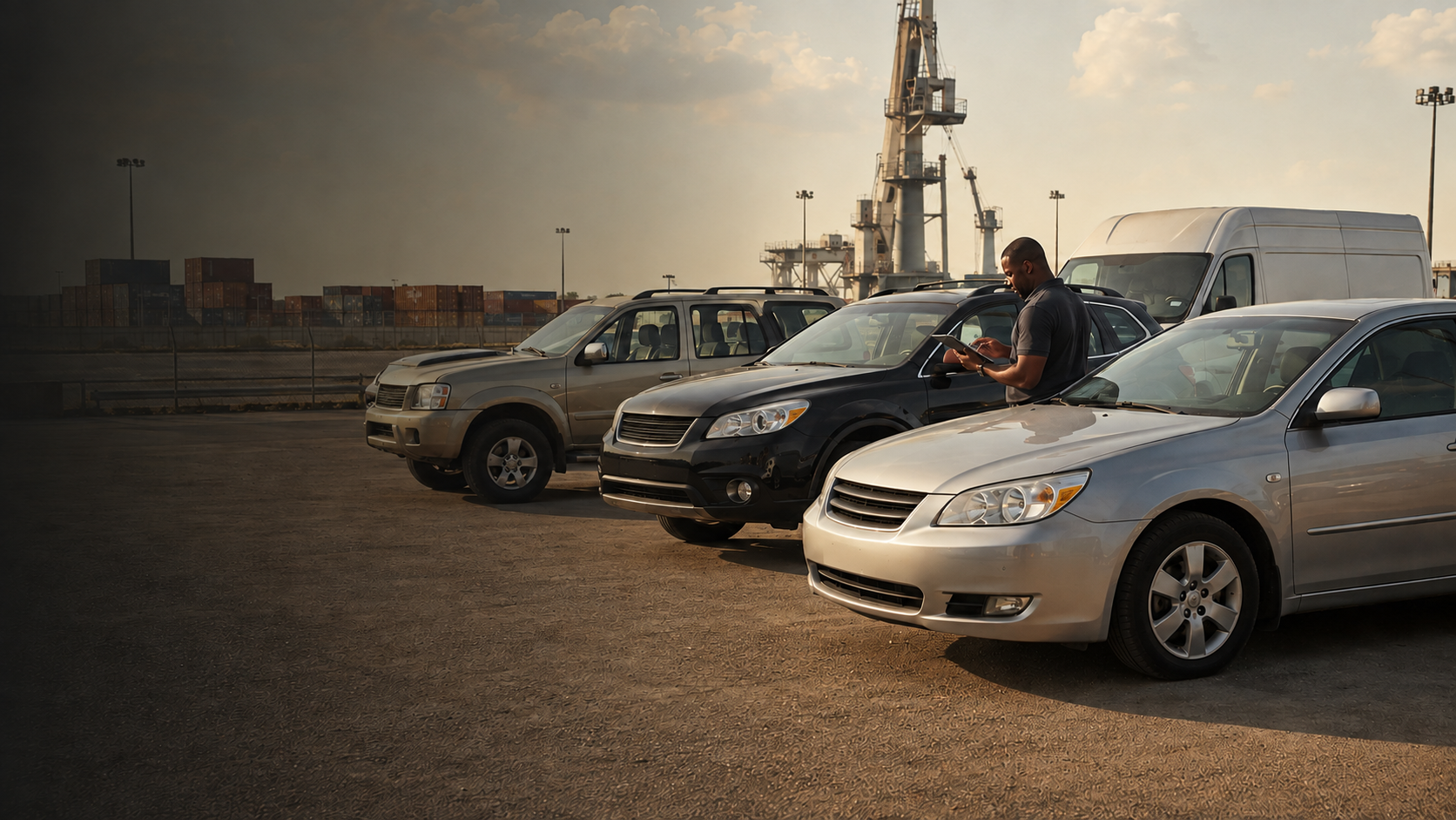 Inspector checking used vehicles at an export yard